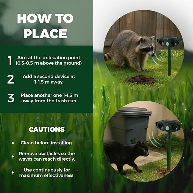 Solar Ultrasonic Animal Repeller Pack 2PCS | 120° Motion Sensor Up to 33ft Range | Waterproof Outdoor Deterrent for Garden & Yard | Deer, Cat, Dog & Raccoon Repellent | Solar Powered Pest