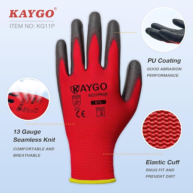 KAYGO Work Gloves for Men and Women, 12 Pairs Seamless Knit PU Coated Safety Gloves, with Smooth Grip on Palm and Fingers, Ideal for Light Warehouse, Manufacturing, Gardening, KG11P (2XL, Red)