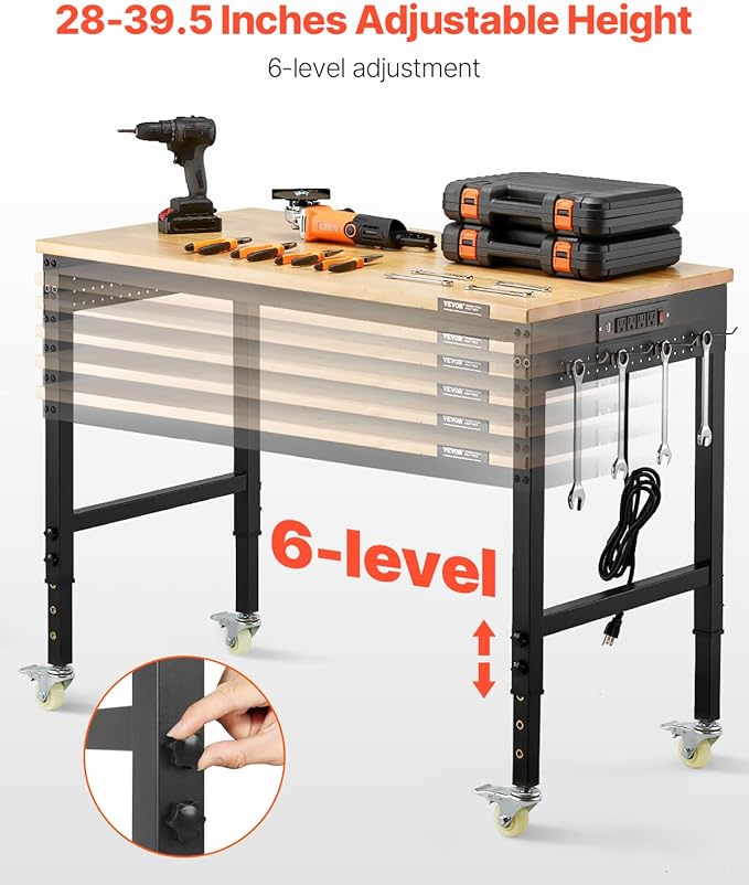 VEVOR Adjustable Workbench, 48-Inch Work Bench with Power Outlet, Wheels, and Pegboard, 2000 lbs Load Heavy Duty Oak Wood Top Work Table for Garage, Workshop, Office, and Home