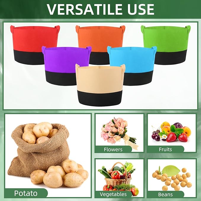 12 Pack 15 Gallon Grow Bags Colorful Fabric Plant Pots with Handles 15 Gal Garden Grow Bags Fabric Grow Pots Plant Growing Bags Vegetable Planting Bags for Garden and Outdoor (15 Gallon)