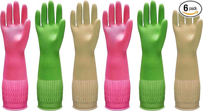 Bamllum 3 Pairs of Rubber Dishwashing Gloves for Kitchen and Household Cleaning – Long Cuff 15", Reusable, Flexible Long-lasting and Non-Slip (Red+Yellow+Green, Medium) (Pack of 2)
