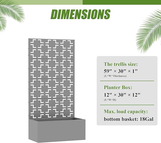 Casaphoria Metal Raised Garden Bed with Trellis, 59"x30"x12" Planter Box for Climbing Plants, Vegetables & Vines, Features Drainage Holes and Privacy Screen, Grey-Square