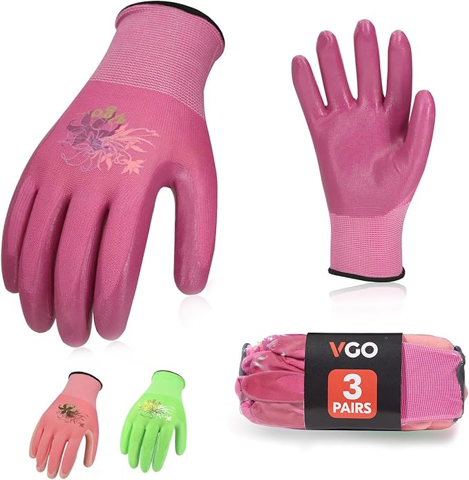 Vgo... 3Pairs Ladies' Nitrile Coating Gardening and Work Gloves (Size S, Green & Pink & Purple, NT2110)