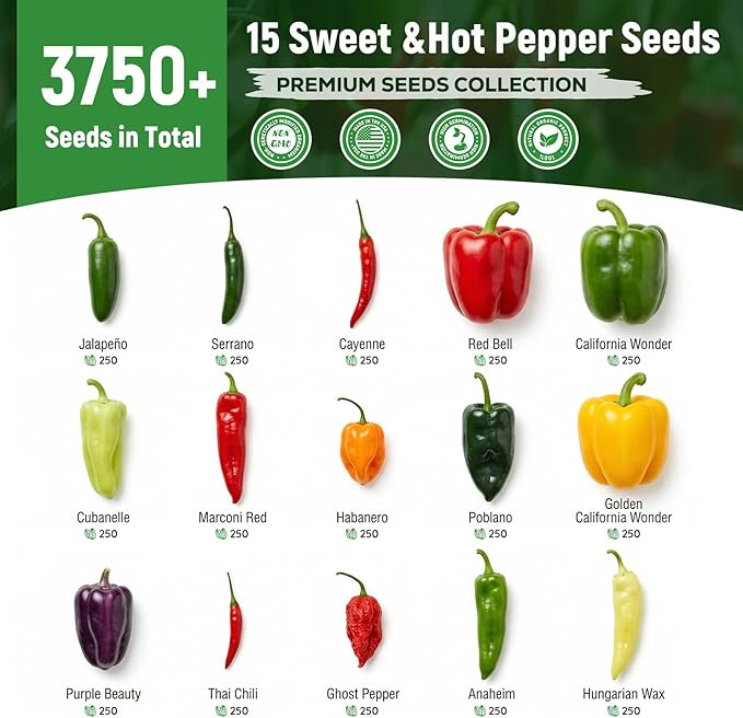 15 Sweet & Hot Peppers Seeds Variety Pack Jalapeño, Serrano, Cayenne, Bell, Habanero, Cubanelle, Big Red & More Hot & Sweet Heirloom Non-GMO Peppers Collection Survival Garden Seeds