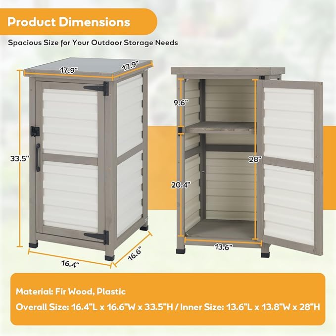 PetsCosset Small Outdoor Storage Cabinet, Wood & Plastic Potting Bench Table Tool Organizer for Patio Backyard Garden, Metal Top, Adjustable Shelf, Corner Storage for Narrow Spaces