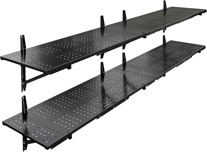 FLEXIMOUNTS 2-Pack 1x6ft Garage Shelving 14-inch-by-68-inch Perforated Wall Shelf, Heavy Duty Garage Storage Rack with 1400 lbs Load Capacity, Wall Mounted Organization System for Tools, Heavy Bins