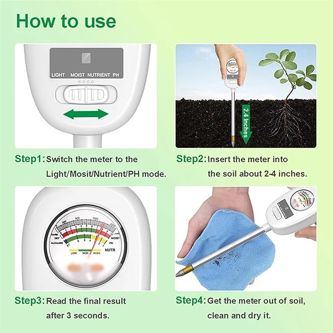 Soil Tester Moisture/Light/PH/Nutrient 4-in-1 High Precision Soil PH Meters For Gardening, Potted Plants, Lawn(2 PCS)