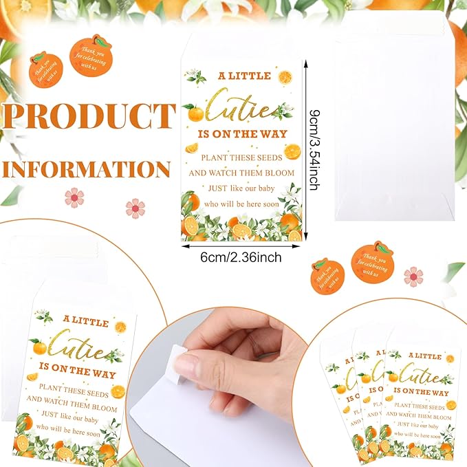 Ctosree 50 Sets Cutie Baby Shower Party Favors for Guests A Little Cutie Is on The Way Seed Packets Include Self Adhesive Seed Packets Flowerpot Thank You Tags Organza Bags for Orange Baby Shower