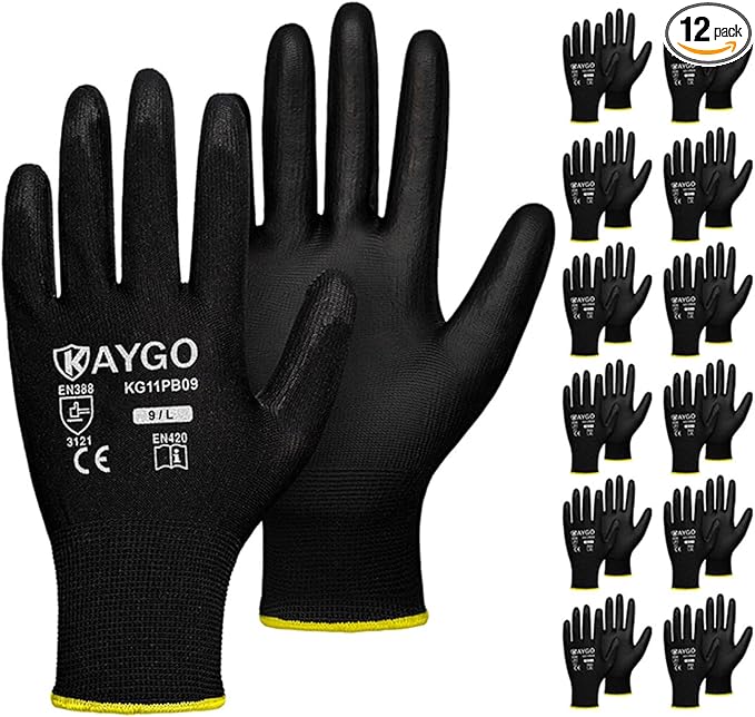 KAYGO Work Gloves for Men and Women,12 Pairs Seamless Knit PU Coated Safety Gloves, with Smooth Grip on Palm and Fingers, Ideal for Light Warehouse, Manufacturing, Gardening, KG11P (L, Black)