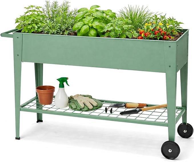 InSideOut Elevated 40" Raised Garden Bed Outdoor with Wheels & Shelf for Mobility, Metal Planter Box for Vegetables/Herbs, Patio-Balcony-Backyard (Sage Green)