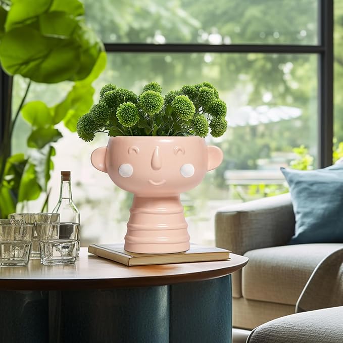 Face Planter Pots Head 7 Inch - Ceramic Face Pot for Plants Indoor Outdoor, Cute Decorative Plant Pots with Drainage Hole, Succulent Planters, Living Room Decor, Valentine Gifts, Matte Pink