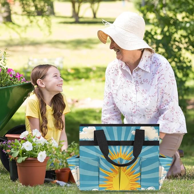 Garden Tool Bag Organizer Garden Tote Bag with Pockets Golden Sunshine Clouds Tool Storage Organizer Gardening Tool Kit Holder 13" x 6.8" x 2.8"