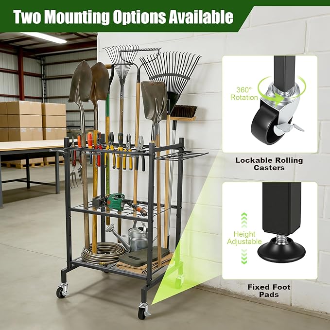 3 Tier Garden Tool Organizer with Wheels, Garden Tool Rack Rack Up to 50 Tools, Heavy Duty Metal Yard Tool Organizer for Garage with Hooks, Freestanding Lawn Tool Shovels for Shed&Outdoor Organization