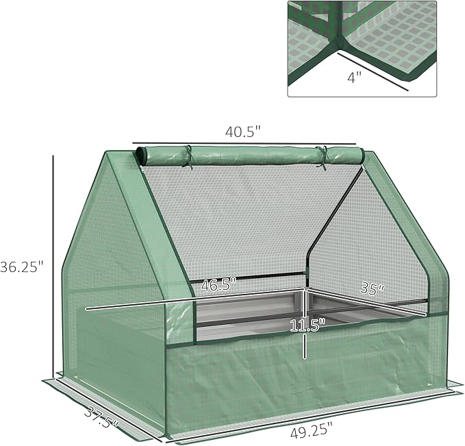 Outsunny 4 x 3 x 1ft Raised Garden Bed with Mini Greenhouse, Galvanized Outdoor Planter Box with Cover, for Herbs and Vegetables, Use for Patio, Garden, Balcony, Green Cover and Silver Planter