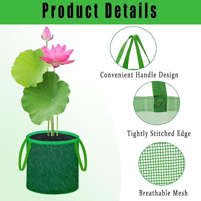 Pond Planting Bags with Handles, Aquatic Pond Lily Planter Reusable Water Gardens Plant Mesh Pots Green Round Pond Plant Basket for Aquatic, Marsh, Bog, Garden, Terrestrial Plants (6 Pcs)