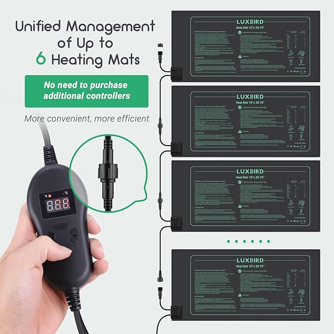 LUXBIRD Daisy Chain Seedling Heating Mat with Digital Thermostat Controller, 10" x 20.75" Waterproof Plant Heating Mat for Seed Starting, Germinating, Hydroponics, Brewing, Breeding (Master Mat)