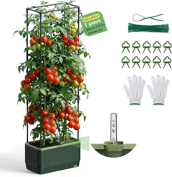 Raised Garden Bed Tomato Planter with Trellis, 52" Self Watering Tomato Planter with Water Level Indicator, Larger Rectangular Tomato Cages for Indoor & Outdoor Climbing Vegetable and Plants (1)