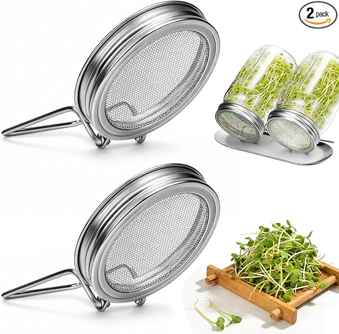 Palksky Sprouting Lids for Regular Mouth Mason Jars, 2Pack Reusable Stainless Steel Screen Bean Sprouts Growing Lid for Organic Alfalfa Broccoli Seeds Mung Bean Plant Germination Kits