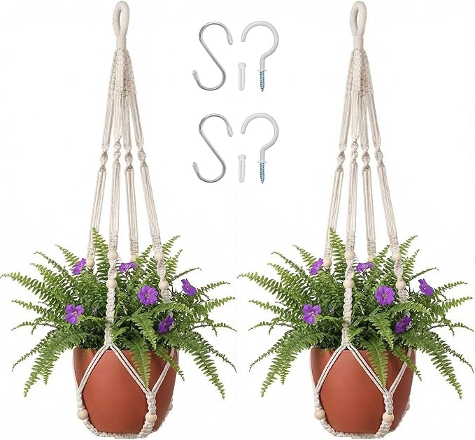 Macrame Plant Hanger 35", Set of 2 No Tassel Hanging Plant Holder, Sturdy Flower Pot Holder with 4 Hooks - Ivory
