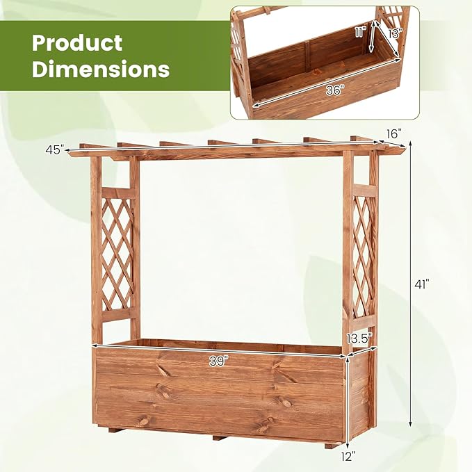 Giantex Raised Garden Bed with Sided Trellis & Roof, 45”x16”x41” Wood Elevated Planter Box, Freestanding Garden Planter Raised Bed for Flowers Herbs Climbing Vines,Brown,1