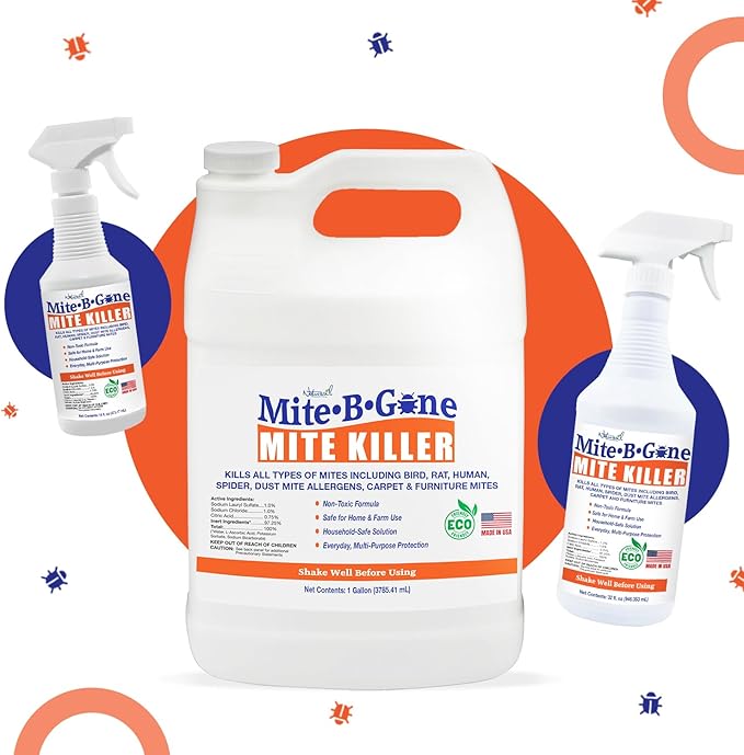 Mite Killer Spray - 1 Gal Natural Mite Treatment Kills Human, Dust, Chicken, Poultry, Bird, Carpet & Rat Mites in Homes and Farm | Family & Pet Safe by Mite-Be-Gone