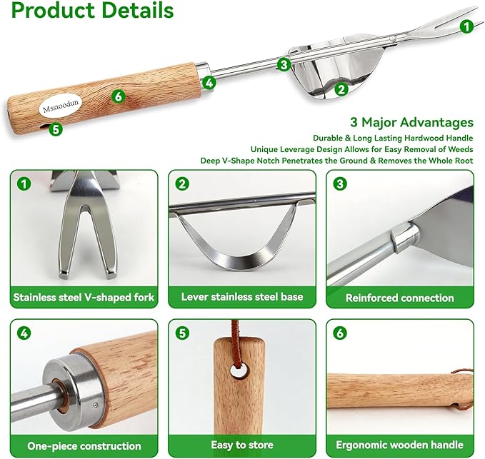 2 Pack Garden Weeding Tools, Stainless Steel V-Shaped Weed Puller & Root Hook Weeder, Heavy Duty Hand Weeder with Ergonomic Wooden Handle for Dandelion, Root Removal, Lawn and Garden