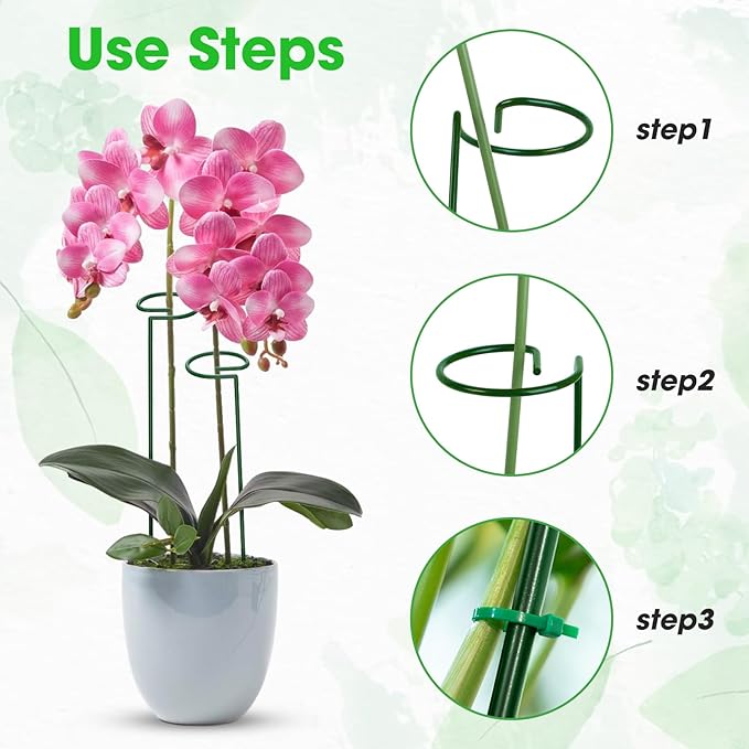 Unves 12 Pack Plant Stakes, 15.75 Inch Green Single Stem Flower Garden Plant Support with 100 Pcs Twist Ties, Plants Cage Support Rings for Amaryllis Orchid Peony Rose