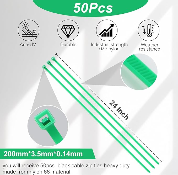 Shappy 50 Pcs Zip Ties Heavy Duty Strong Large Cable Wire Ties Zip Industrial Sturdy Wire, Awnings Tying Branches Bundling of Crops Fixed Water Pipes(24 Inch,Green)