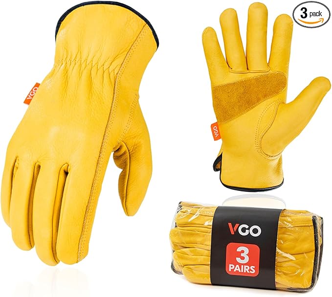 Vgo... 3-Pairs Unlined Cow Grain Leather Work and Driver Gloves with Cow Split Leather Palm Patch (Size L, Gold,CA9590)