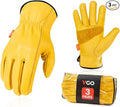 Vgo... 3-Pairs Unlined Cow Grain Leather Work and Driver Gloves with Cow Split Leather Palm Patch (Size XL, Gold,CA9590)