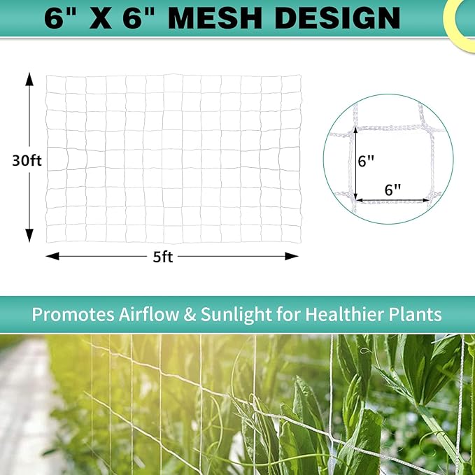5X 30 Ft Nylon Trellis Netting, 6×6 Heavy Duty Trellis Mesh Garden Netting for Climbing Plants, Use for Tomatoes, Cucumbers, Peas, Grape Racks