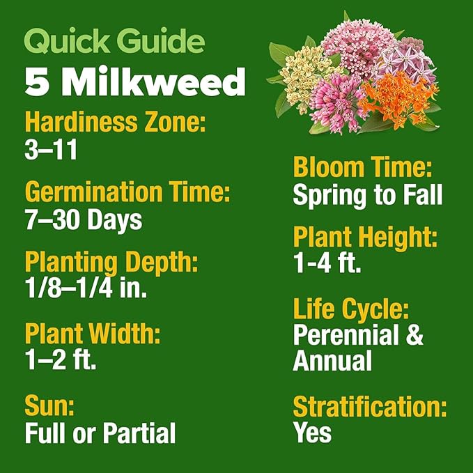 HOME GROWN Milkweed Seeds for Planting - 5 Varieties (Butterfly, Common, Pink Swamp, Prairie, Showy) 500+ Heirloom Non-GMO Seeds - Pollinator Garden Starter Kit for Monarch Butterflies
