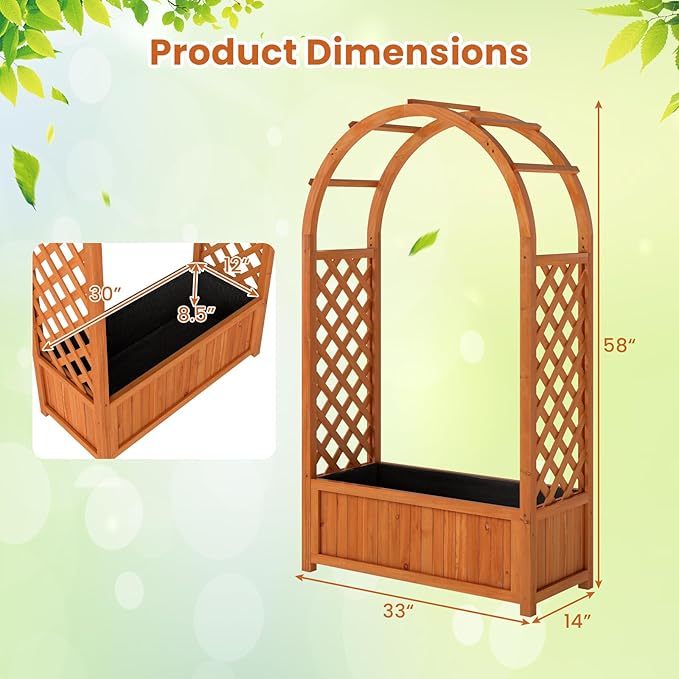 HAPPYGRILL Raised Garden Bed with Trellis, Wooden Elevated Planter Box w/Ached Roof & Detachable Bottom Panels, Liner, Drainage, Indoor Outdoor Wood Planter for Climbing Plants Vine Flower (2)