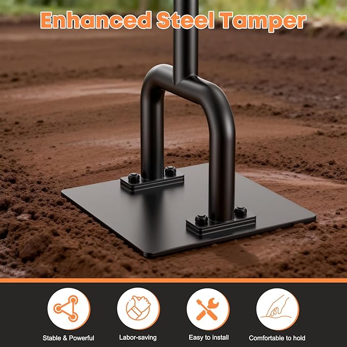 48" Newly Upgraded 10"x10" Steel Tamper Tool, Heavy-Duty Reinforced Gardening Hand Tools with 10 Inch Rubber Grip for Earth Soil Asphalt, Gravel and Dirt Compaction Levelling Paver Tool Compactor