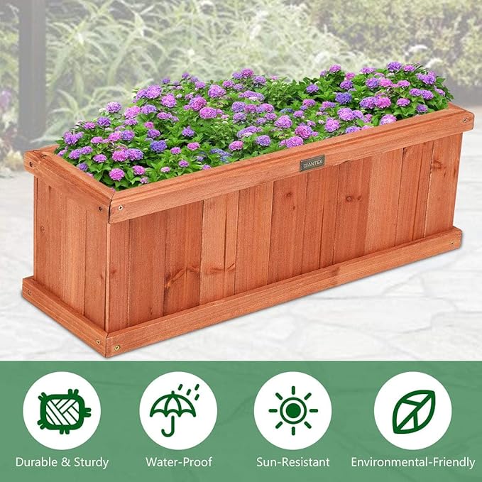 Giantex Raised Garden Bed Set of 2, Wooden Planter Window Mounted Plant Box for Flower Vegetable Herbs, Indoor & Outdoor Wood Planting Box for Yard Garden Patio Balcony, 28"x10"x10"
