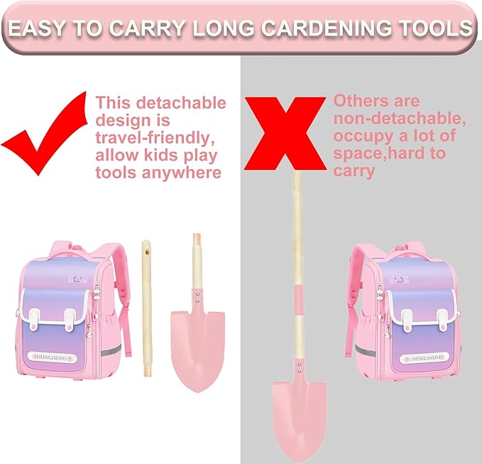 Kids Gardening Tool Set,6 pcs Detachable Toddler Gardening Tools with Shovel,Rake,Hoe and Rake for Outdoor Summer Yard Lawn Beach,Christmas Birthday Gifts for Age 3,4,5 Year (Pink Wheel kit)