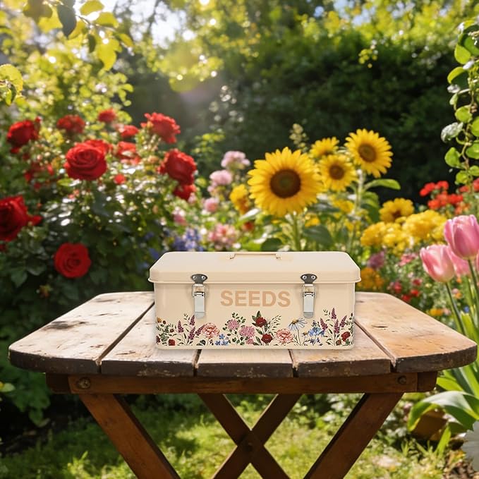 JarThenaAMCS Spring Wildflower Seeds Storage Organizer Metal Seed Saving Box 4 Dividers Vintage Floral Seed Packet with 50 Seed Kraft Envelopes 50 Blank Plant Label Stakes 1 Marker Pen for Home Garden