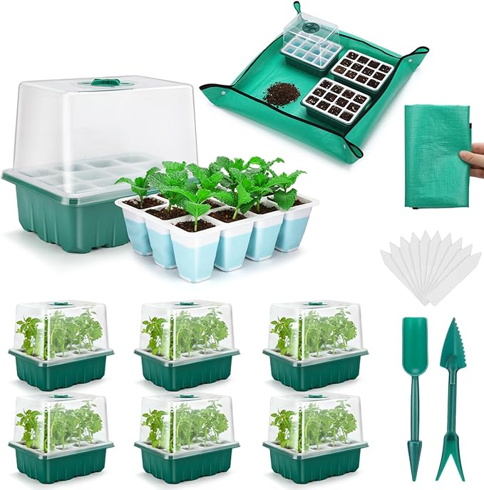 Reusable Seed Starter Tray with 72 Soft Silicone Cells, 6 Pack Seed Starter Kit with Repotting Mat, Humidity Dome and High Lid, Germination Trays for Indoor Greenhouse Seed Starter