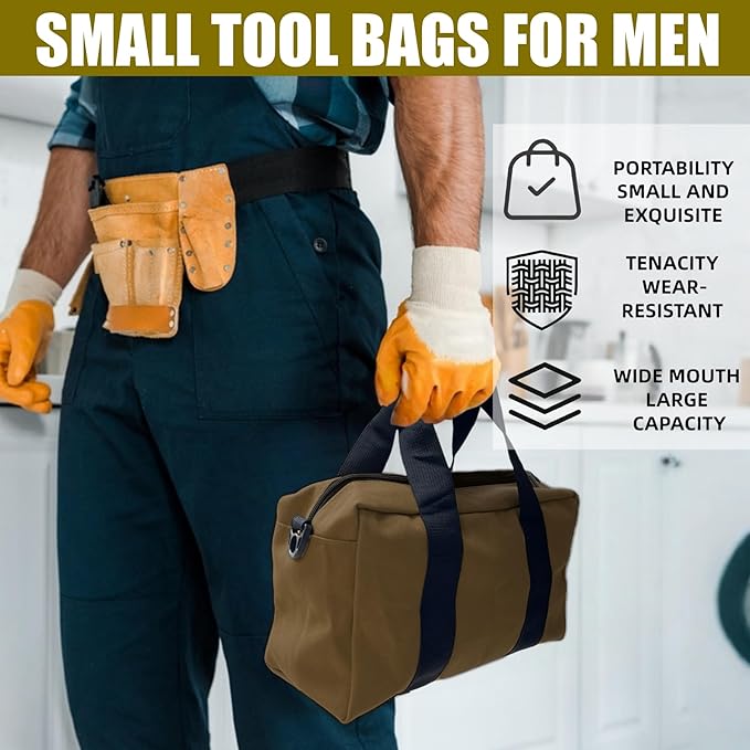 BLIRITEL Wide Mouth Tool Bag, Heavy Duty Canvas Tool Storage Bag, Large Capacity Handbag, Multi-function Tool Organizer Tote Bag for Storage Wrenches Pliers (Tan, 12 Inch)