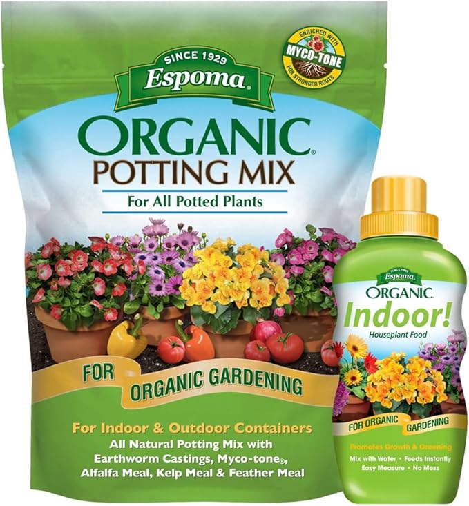 Espoma Organic Potting Soil Mix 4qt Bag and Indoor! Liquid Plant Food Concentrate 8oz Bottle. Use for Indoor houseplants - for Organic Gardening - Combo Pack