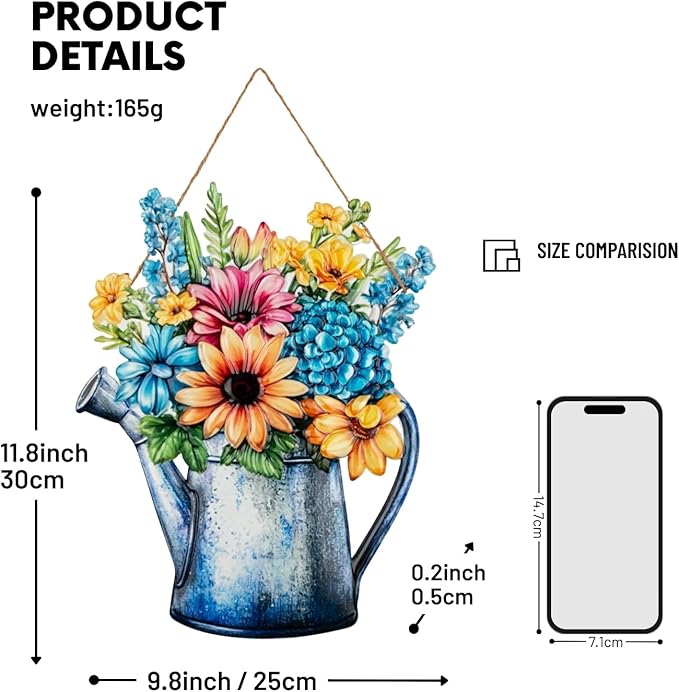 Quterhero Watering Can Flower Wall Decor, Metal Hanging Art for Indoor Outdoor Wall or Porch, Vintage Farmhouse Porch Decor Gift for Mom, Women, Friends(Chrysanthemum)