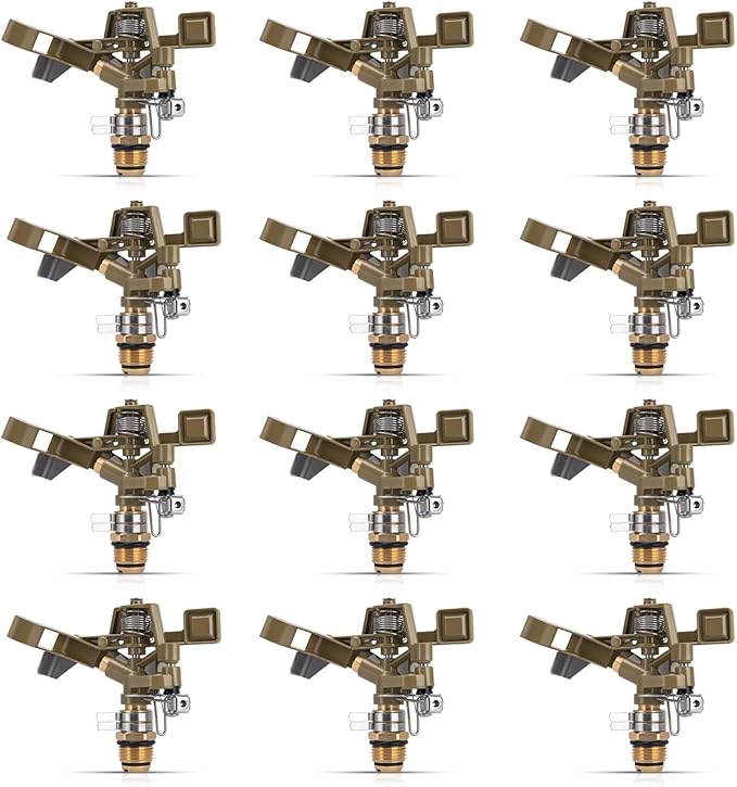 Brass Impact Sprinkler Head - 1/2 Inch Impact Sprinklers with Adjustable Nozzles for 360 Degrees Watering, Large Yard, Patio, Garden Irrigation - 12 PCS