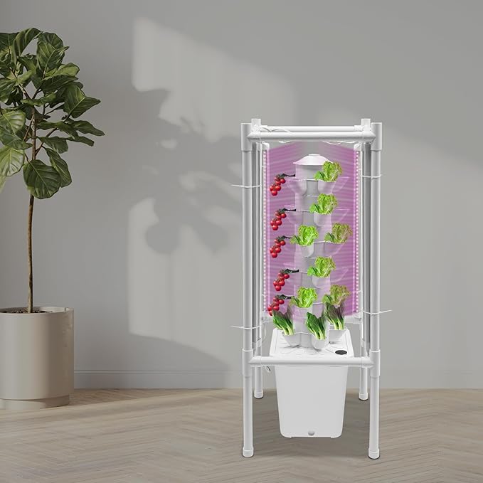 Hydroponic Growing System, 30-Plant Vertical Gardening System with 4 LED Grow Lights, 6-Layer Tower, Hydroponic System for Herbs, Fruits and Vegetable (No Seedlings Included) (White)