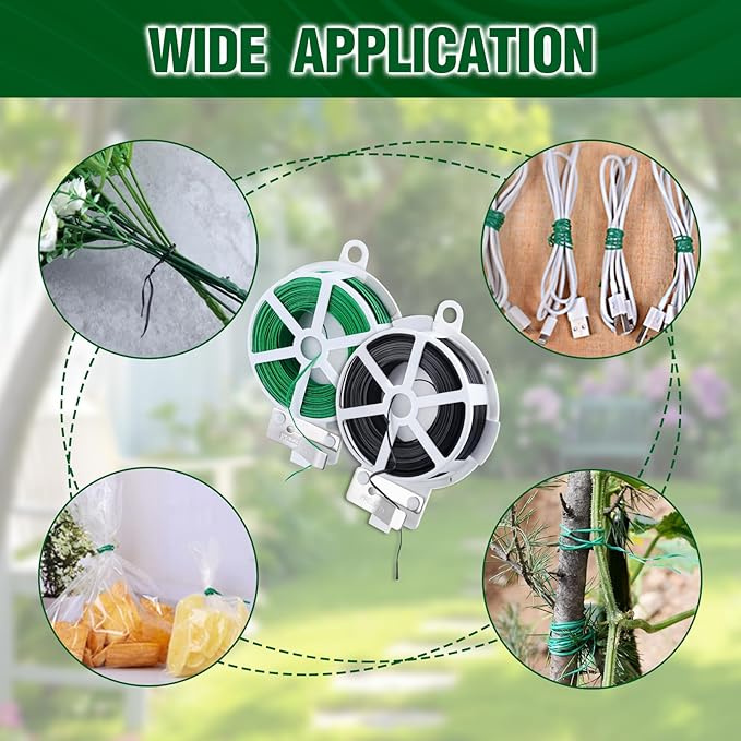 164 Feet (50m) Twist Ties, 2 Reels Garden Wire Garden Plant Ties with Cutter Reusable Multifunctional Garden Ties Plant Support for Gardening and Office Home Organization, Green and Black