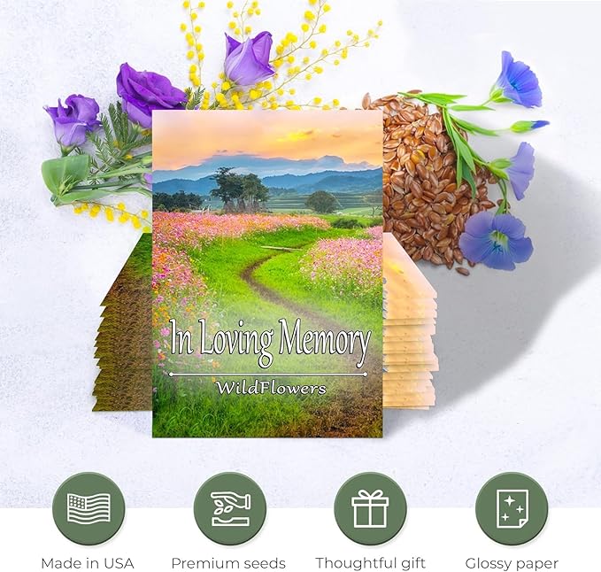 Pack of 25 Pre-Filled Seed Mix Packet Wildflowers Plant for Funerals, Memorial Services in Loving Memory Flower Path Also Serves Thank You Celebration of Life Favors Plant Seeds Year-Round