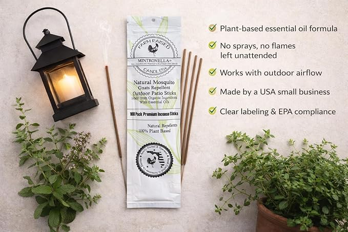 Farm Raised Candles Mintronella Citronella & Peppermint Mosquito Repellent Incense Sticks – 100 Pack – USA‑Made Natural Bug & Insect Repellent – Outdoor Camping, Patio Decor – No‑See‑Um & Gnats, Fly