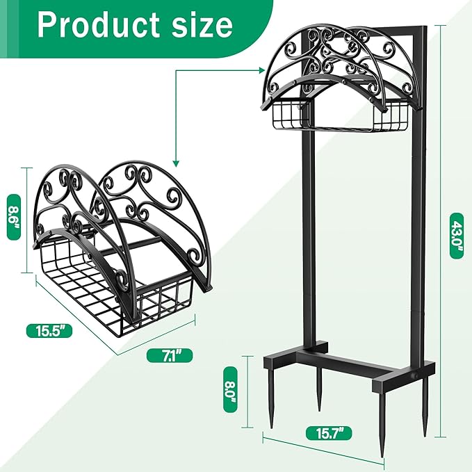 Garden Hose Holder - Freestanding Water Hose Holders for Outside with Storage Basket, Heavy Duty Hose Stand Organizes 150ft Hose Storage Hanger Rack for Yard Lawn Farm
