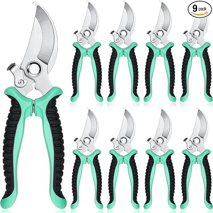Lothee 9 Pcs Garden Shears Pruning Garden Clippers Bulk Bypass Pruner Heavy Duty for Gardening Hedge Plant Cutting Flower Scissors for Tree Trimming Bonsai Cutting Fruits Picking(Green)