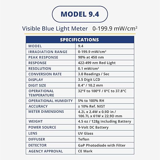 Solarmeter Model 9.4 Visible Blue Light Meter, Handheld Digital Radiometer and Light Bulb Tester for Measuring Blue Light for Aquarium Lamps, Acne & Bilirubin Phototherapy, 0-199.9 mW/cm²