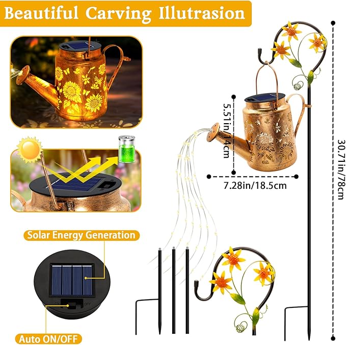 Solar Lights Outdoor Waterproof, Sunflower Solar Watering Can Lights with Shepherd Hook, Birthday Gifts for Mom Grandma Women Mother's Day, Metal Hanging Lantern Garden Decor Yard Outside Patio Lawn